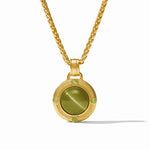 A gold pendant necklace featuring a round green stone centerpiece and four small green accent stones, suspended from a gold chain on a white background.