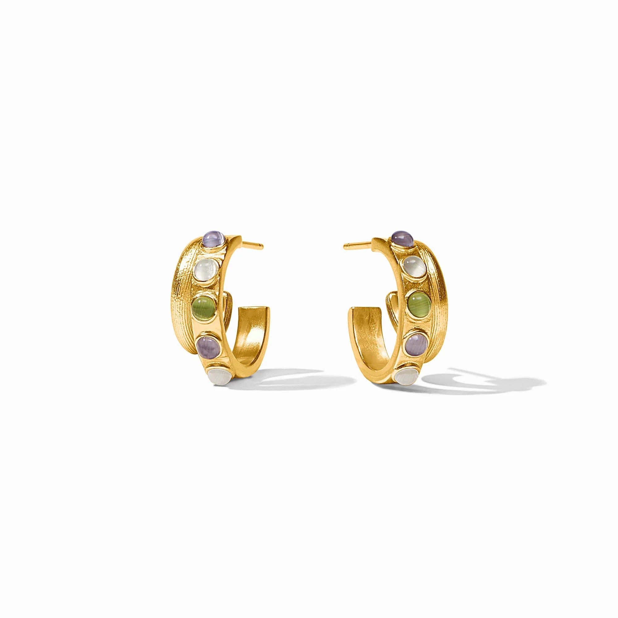 Gold hoop earrings with colorful stones on a white background