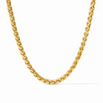 A close-up of a gold Cuban link chain necklace on a plain white background.