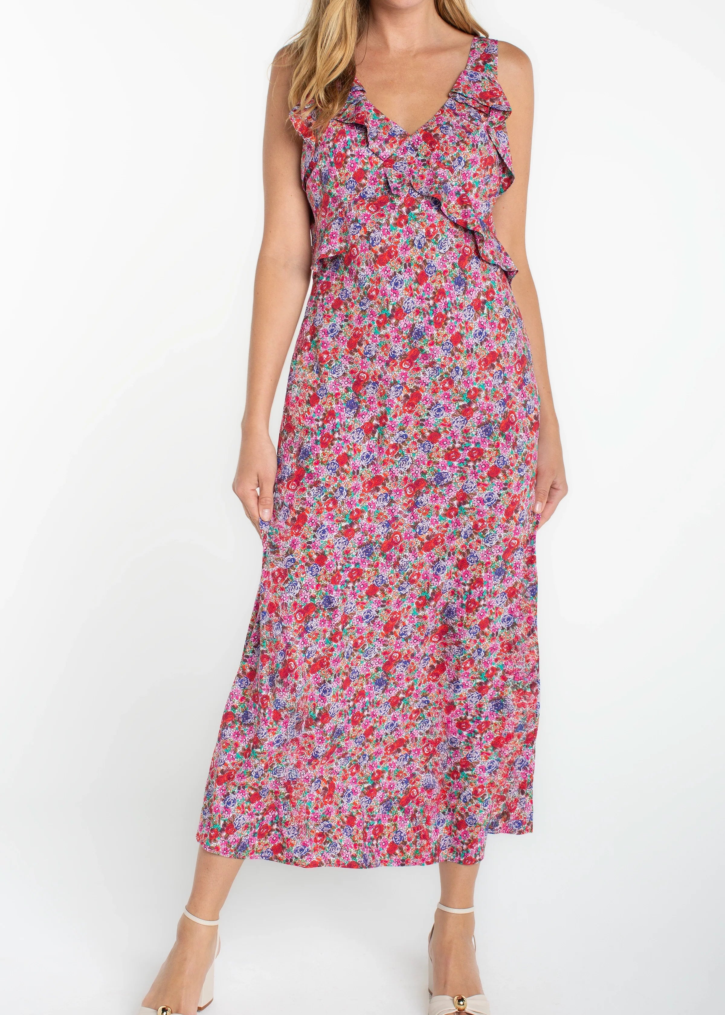 Sleeveless Ruffle Front Woven Maxi Dress