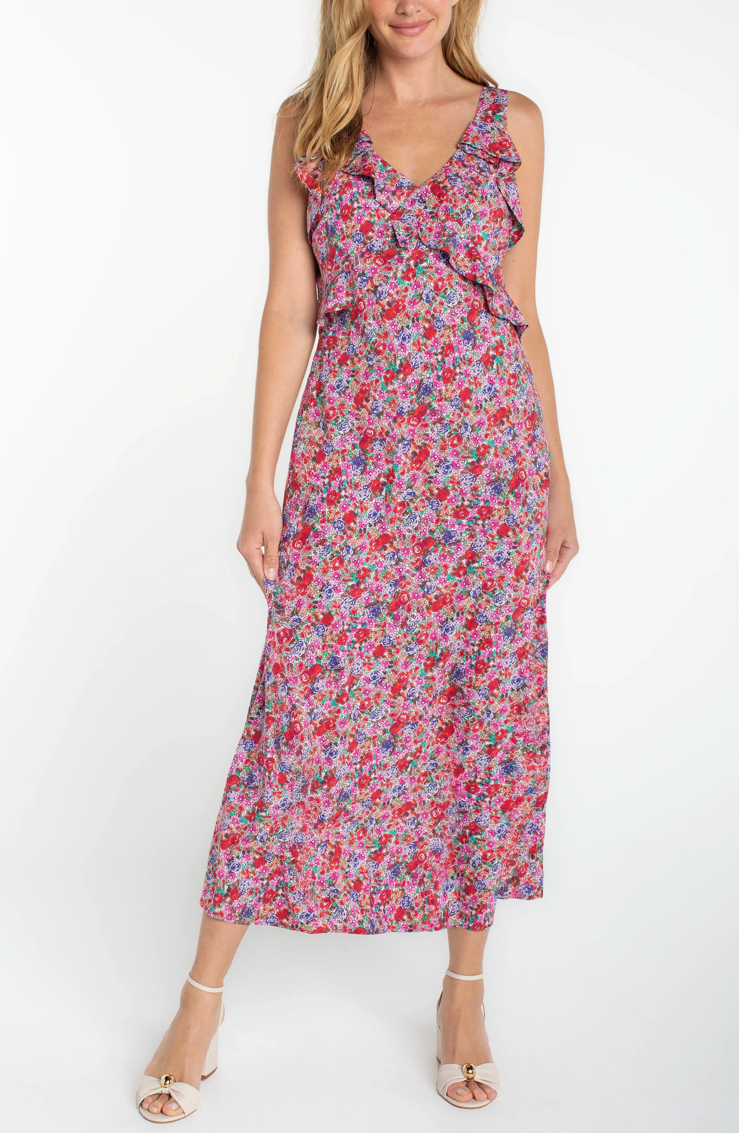 Sleeveless Ruffle Front Woven Maxi Dress