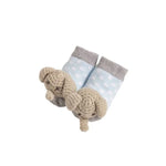 Pair of baby booties with elephant design on a white background
