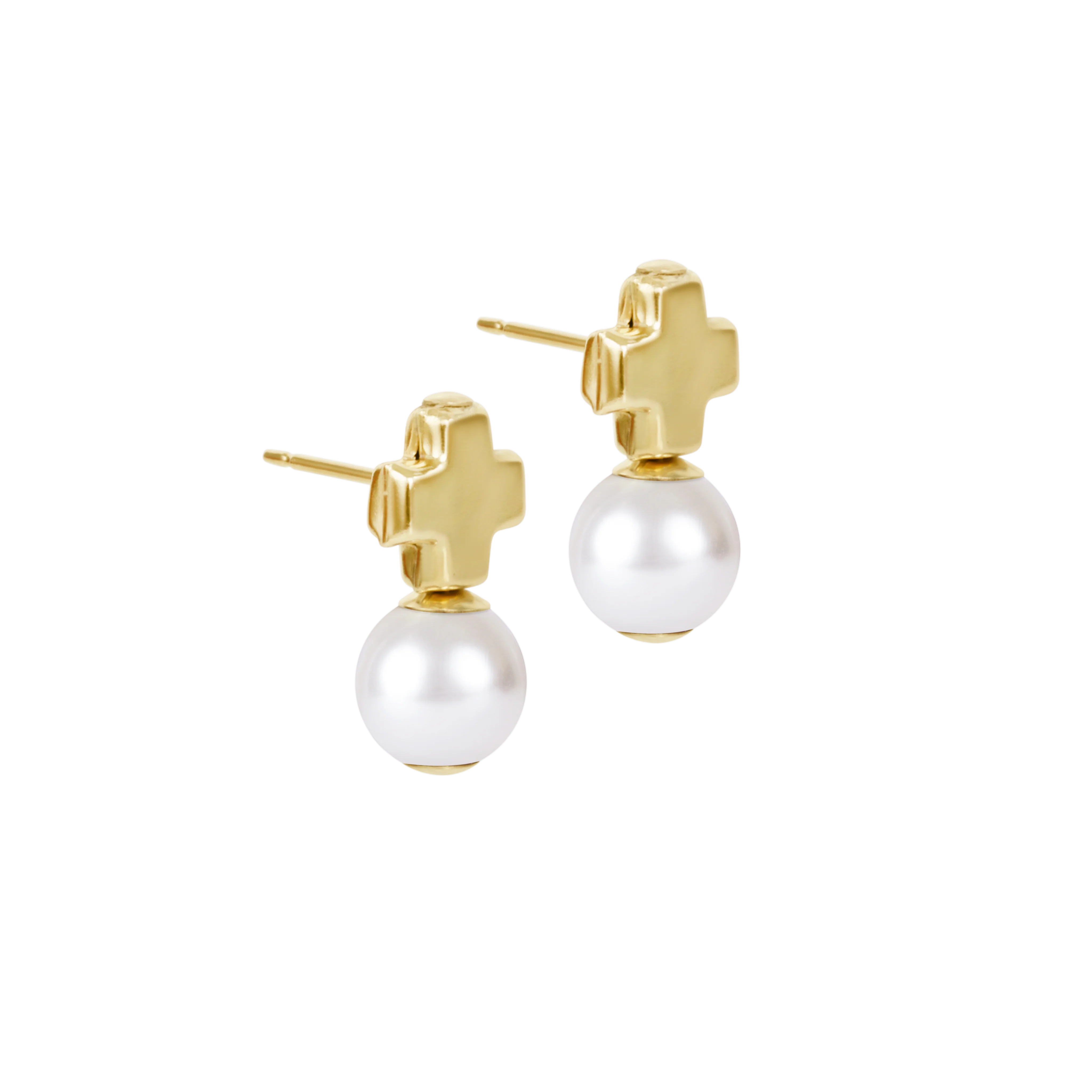 Signature Cross Small Gold Stud Earrings with Classic Pearl | enewton