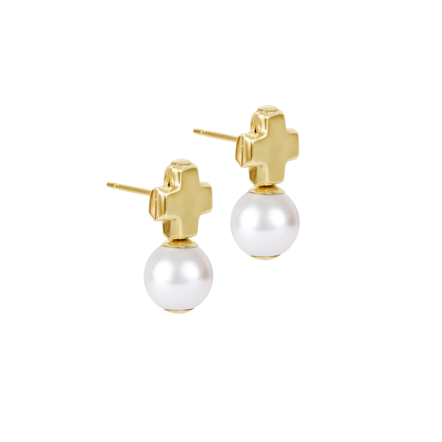 Signature Cross Small Gold Stud Earrings with Classic Pearl | enewton