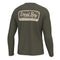 An olive green long-sleeve t-shirt shown from the back, featuring a large graphic print on the upper back with a camouflage pattern and the text 'Local Boy OUTFITTERS'.