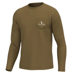 An olive green long-sleeve crewneck shirt with a chest pocket featuring a white 'LOCAL BOY' logo, shown on a plain white background.