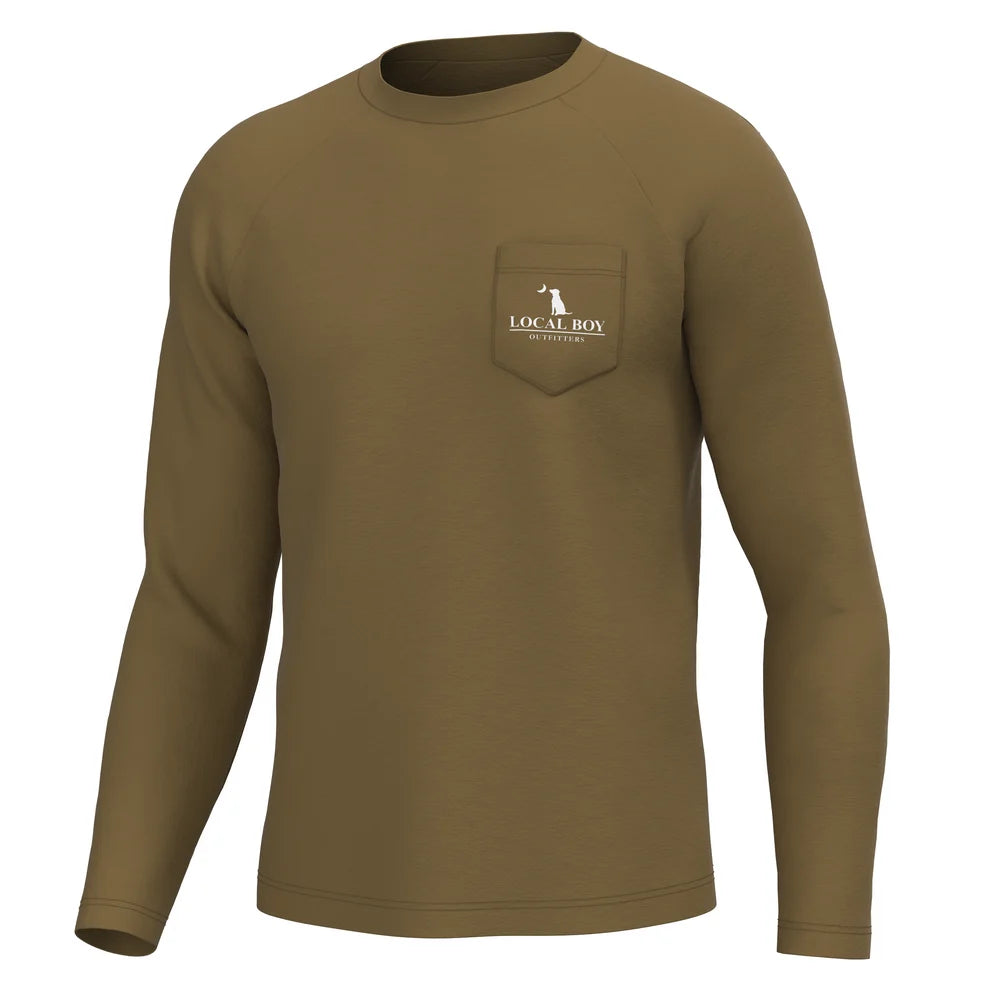 An olive green long-sleeve crewneck shirt with a chest pocket featuring a white 'LOCAL BOY' logo, shown on a plain white background.
