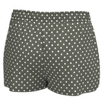 A pair of women's shorts in a dark olive green fabric with a white polka dot pattern, shown against a plain white background.