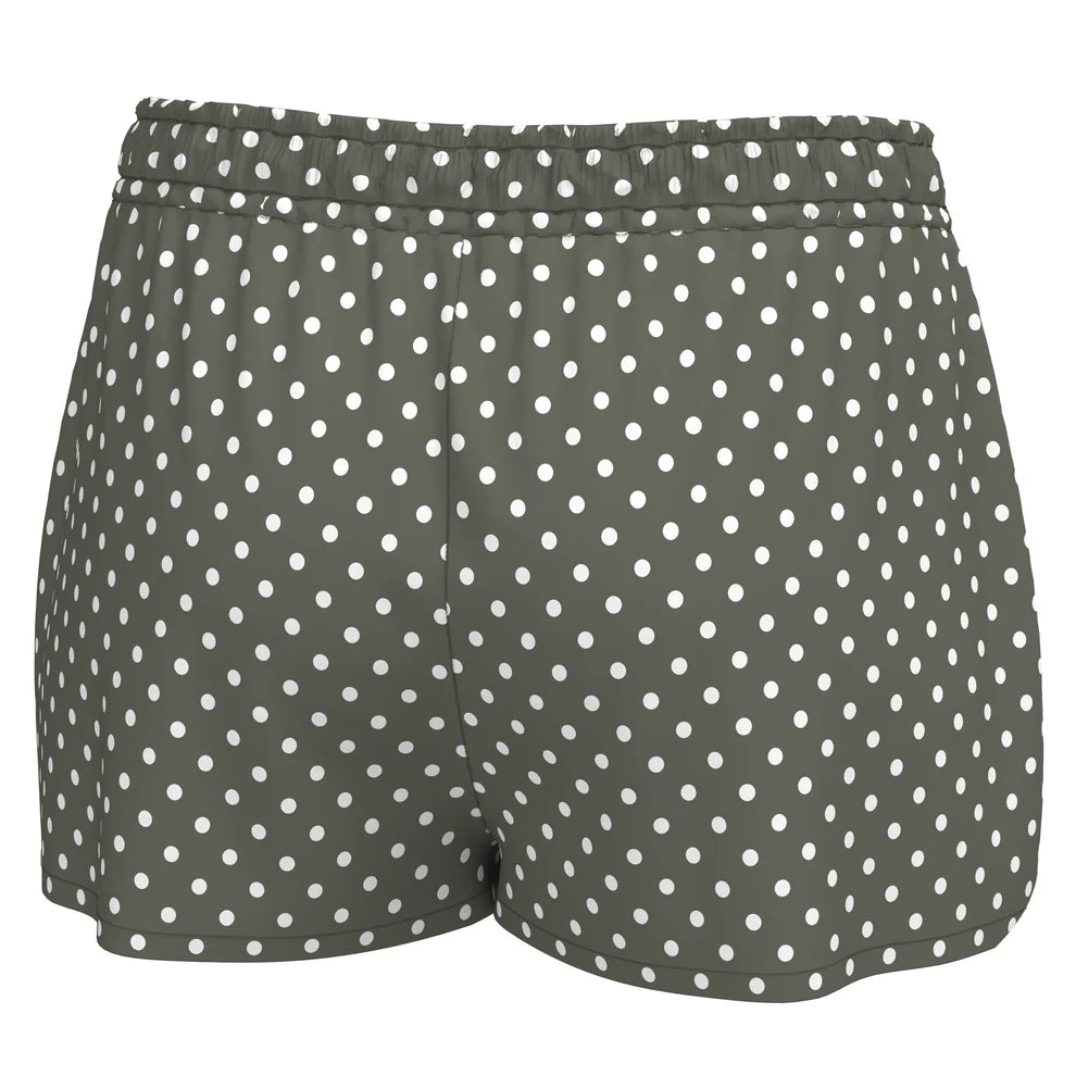 A pair of women's shorts in a dark olive green fabric with a white polka dot pattern, shown against a plain white background.