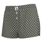 Brown and white polka dot boxer briefs with a button fly and a small brand label at the waistband.