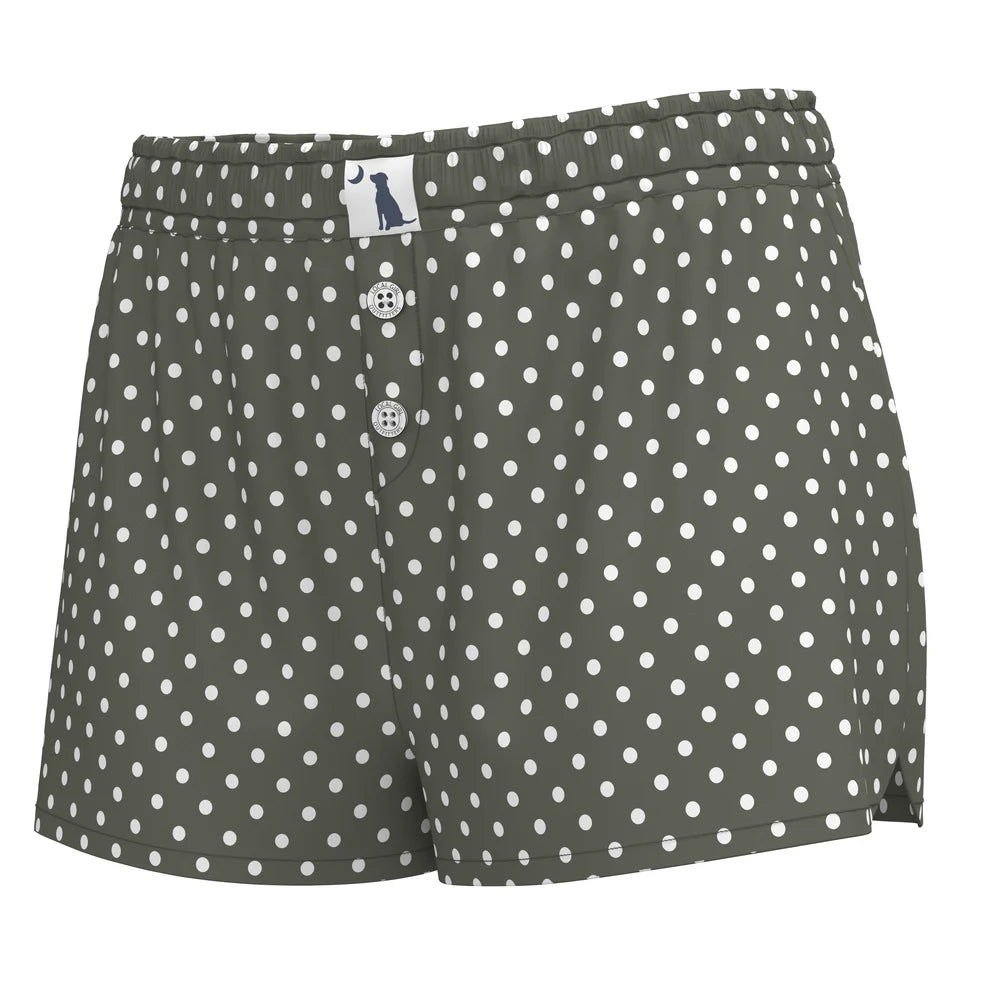 Brown and white polka dot boxer briefs with a button fly and a small brand label at the waistband.