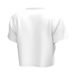 A white short-sleeve crop top shown from the back, photographed on a clean white background.