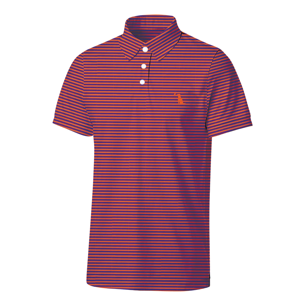 A short-sleeve polo shirt with horizontal red and navy stripes, featuring a three-button placket and a small orange embroidered logo on the left chest, shown against a plain white background.