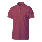 A short-sleeve polo shirt with horizontal red and navy stripes, featuring a three-button placket and a small orange embroidered logo on the left chest, shown against a plain white background.