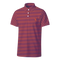 A short-sleeve polo shirt with horizontal red and navy stripes, featuring a three-button placket and a small orange embroidered logo on the left chest, shown against a plain white background.