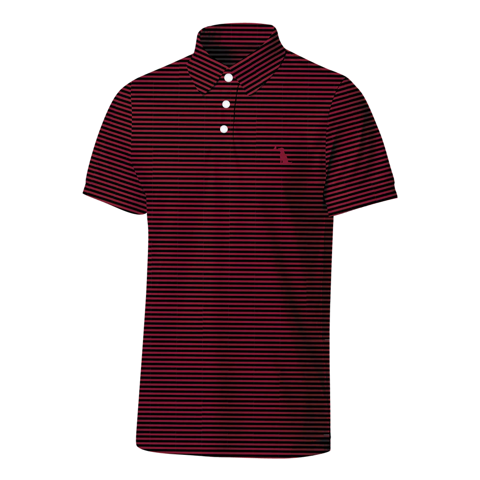 A short-sleeve polo shirt with thin horizontal dark red and black stripes, featuring a three-button placket and a small embroidered polo player logo on the left chest, shown against a plain white background.