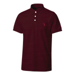 A short-sleeve polo shirt with thin horizontal dark red and black stripes, featuring a three-button placket and a small embroidered polo player logo on the left chest, shown against a plain white background.