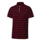 A short-sleeve polo shirt with thin horizontal dark red and black stripes, featuring a three-button placket and a small embroidered polo player logo on the left chest, shown against a plain white background.