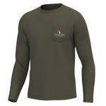An olive green long-sleeve crewneck shirt with a chest pocket featuring a white 'LOCAL BOY' logo, shown on a plain white background.
