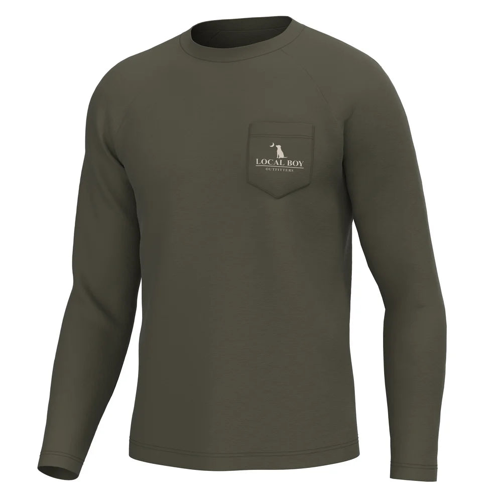 An olive green long-sleeve crewneck shirt with a chest pocket featuring a white 'LOCAL BOY' logo, shown on a plain white background.