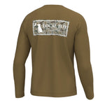 A brown long-sleeve shirt shown from the back, featuring a white graphic print on the upper back with a dog silhouette and the text 'LOCAL BOY' and 'THE PETTERS'.