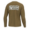 A brown long-sleeve shirt shown from the back, featuring a white graphic print on the upper back with a dog silhouette and the text 'LOCAL BOY' and 'THE PETTERS'.