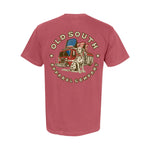 Old South Apparel Old Glory Fire Brigade short sleeve tee in Crimson featuring a front pocket logo and patriotic hand-drawn fire brigade graphic on the back.