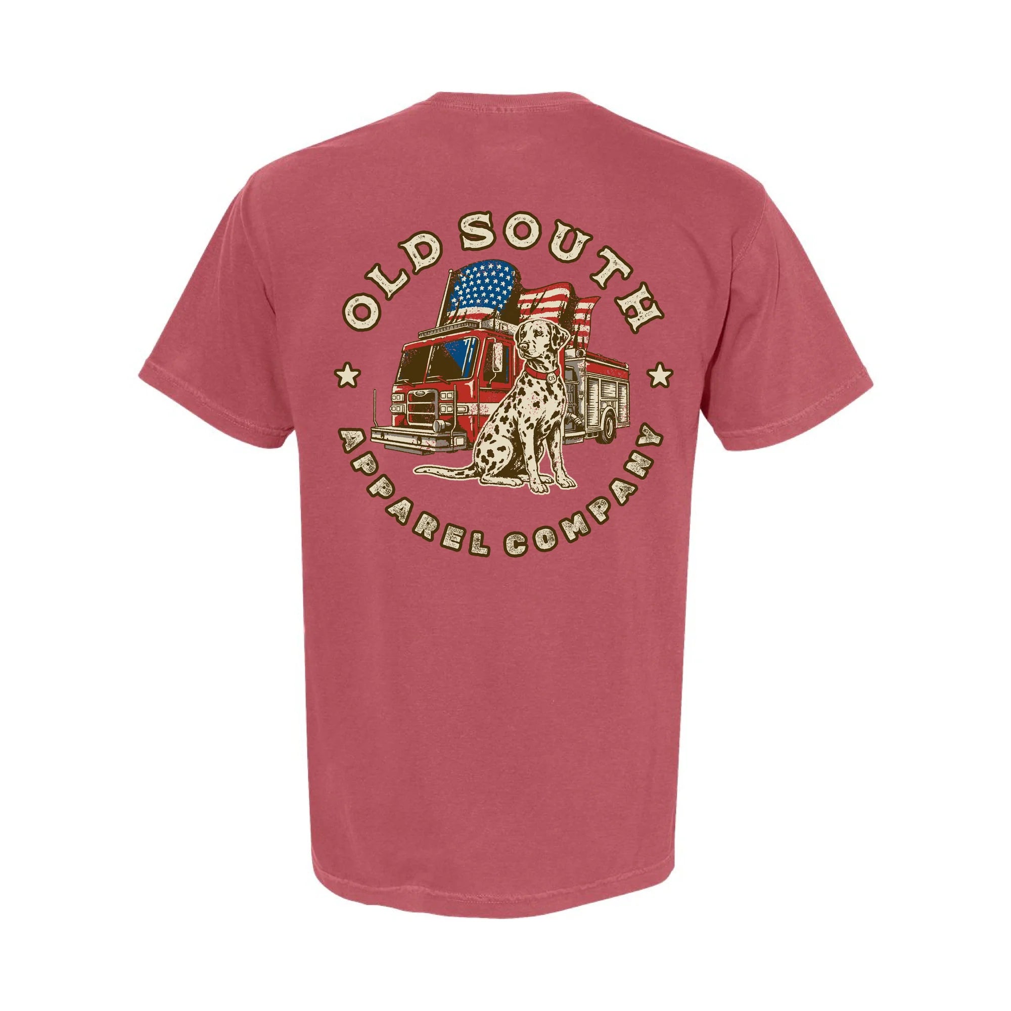 Old South Apparel Old Glory Fire Brigade short sleeve tee in Crimson featuring a front pocket logo and patriotic hand-drawn fire brigade graphic on the back.
