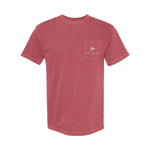 Old South Apparel Old Glory Fire Brigade short sleeve tee in Crimson featuring a front pocket logo and patriotic hand-drawn fire brigade graphic on the back.