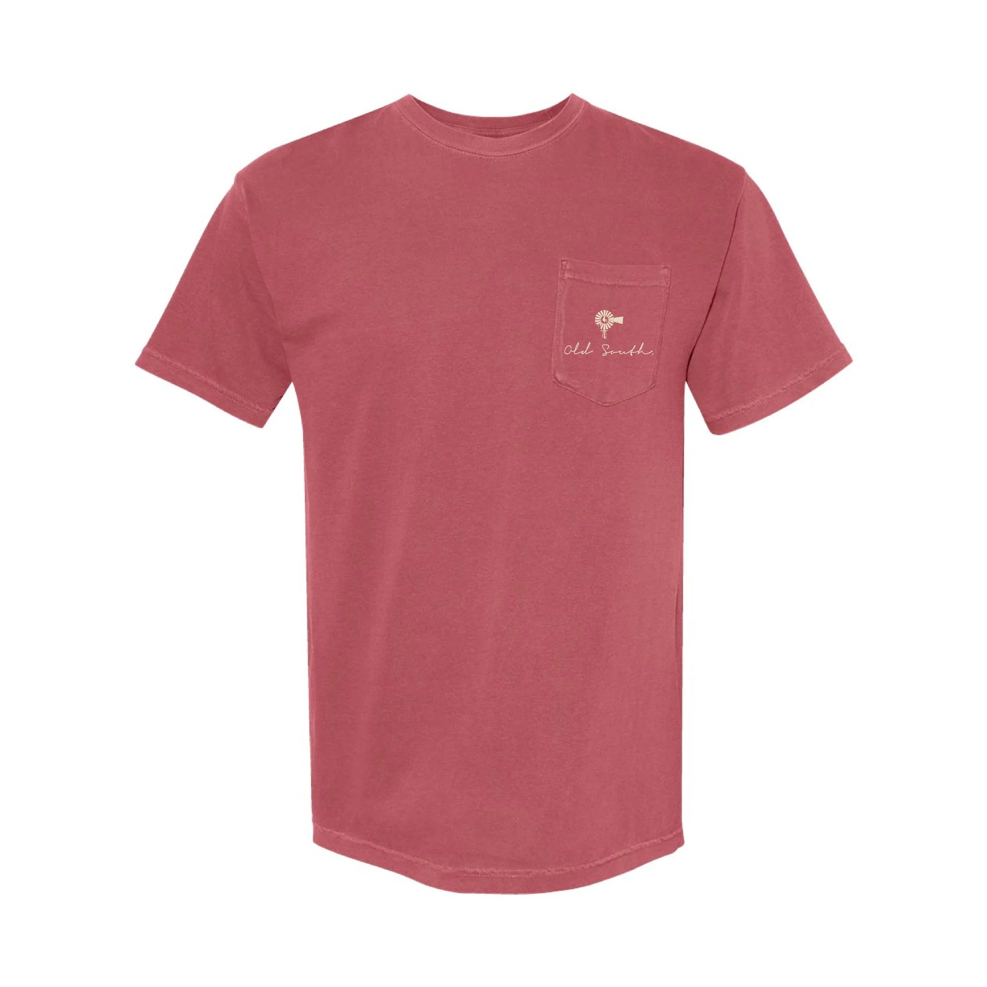 Old South Apparel Old Glory Fire Brigade short sleeve tee in Crimson featuring a front pocket logo and patriotic hand-drawn fire brigade graphic on the back.