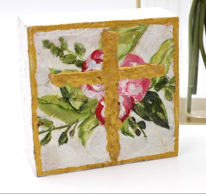 Floral Cross 4x4" Handpainted Wood Block Sign