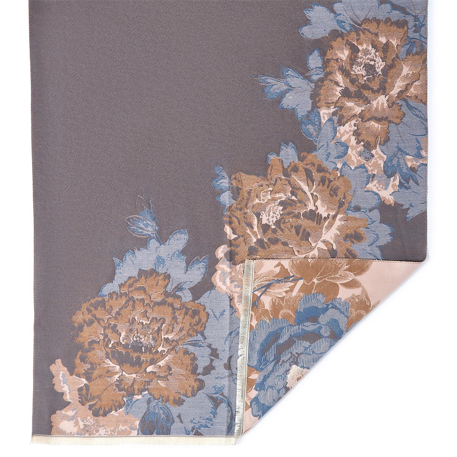 Floral patterned rug with brown and blue colors on a gray background