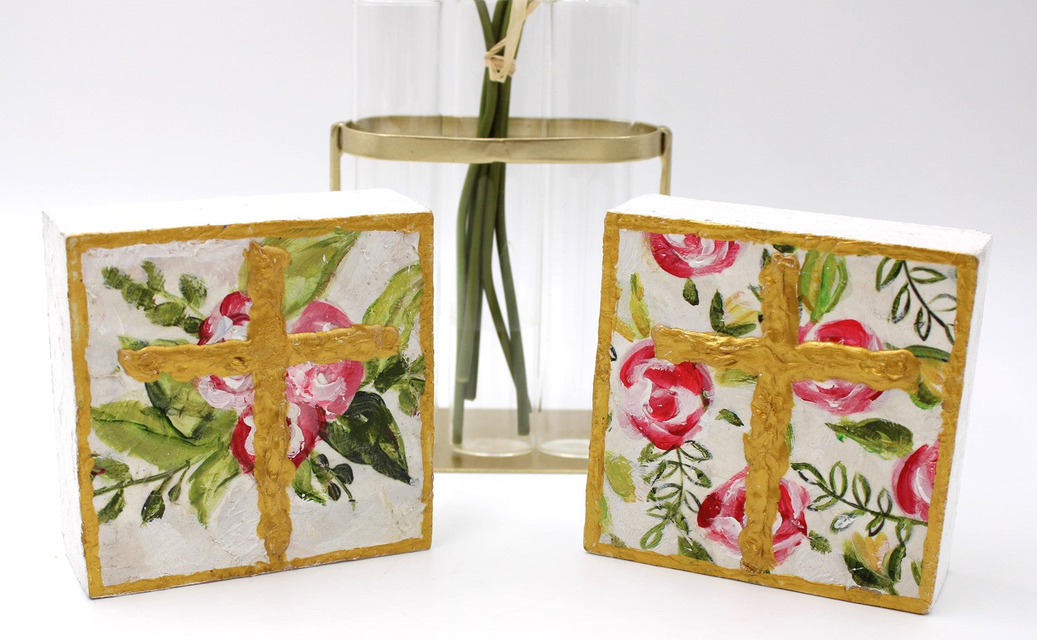 Floral Cross 4x4" Handpainted Wood Block Sign