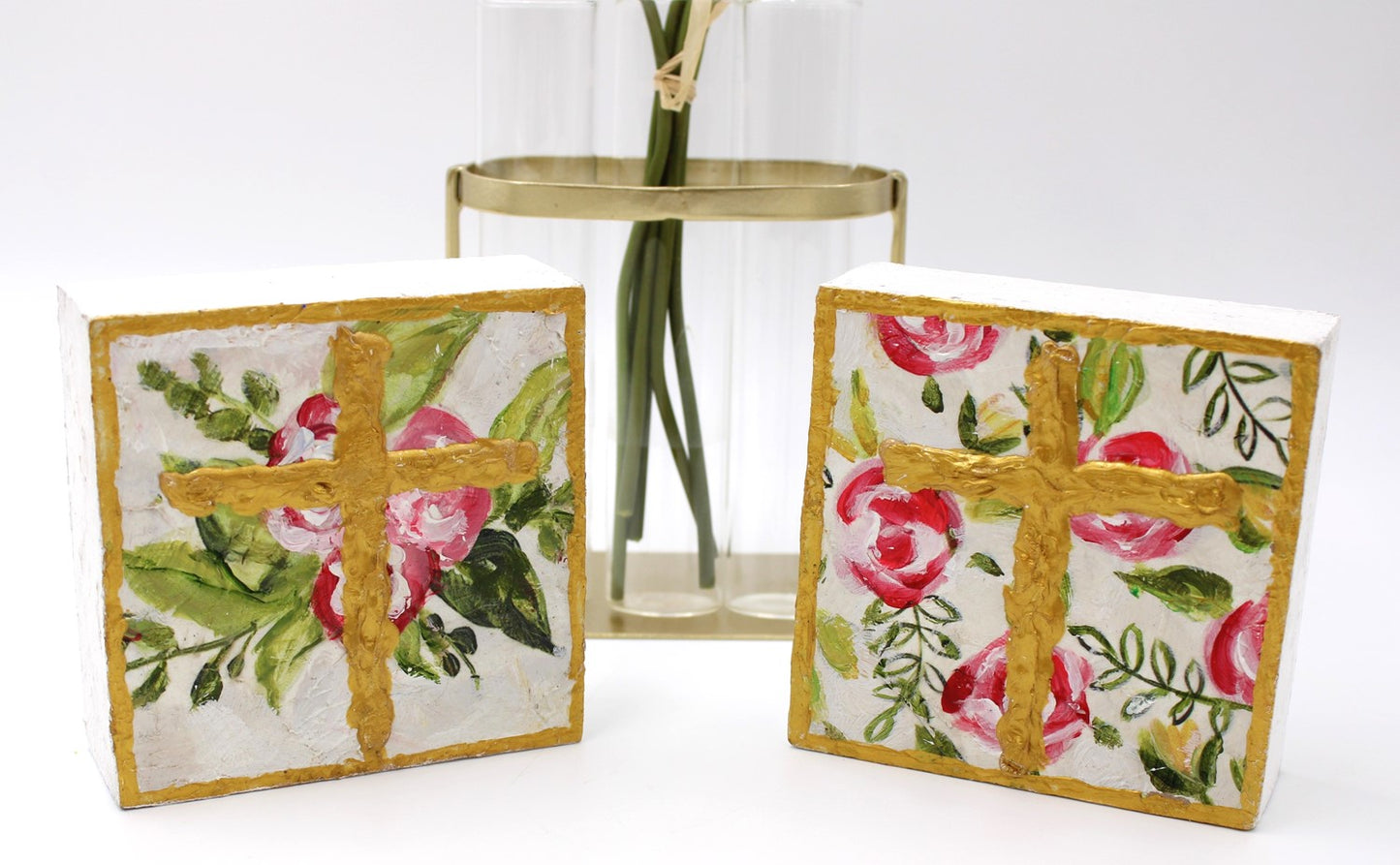 Floral Cross 4x4" Handpainted Wood Block Sign