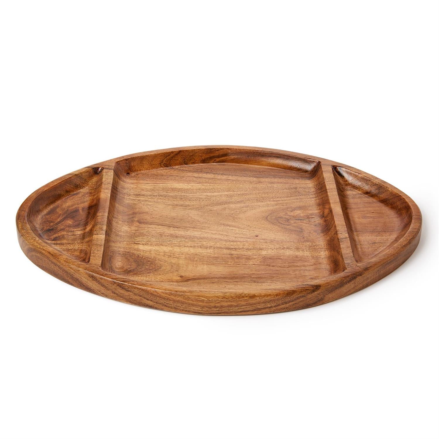 An oval wooden serving tray with three compartments, shown on a clean white background.