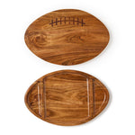 
Football-shaped acacia wood serving board with a double-sided design, featuring engraved football laces on one side and three sectional serving compartments on the reverse.