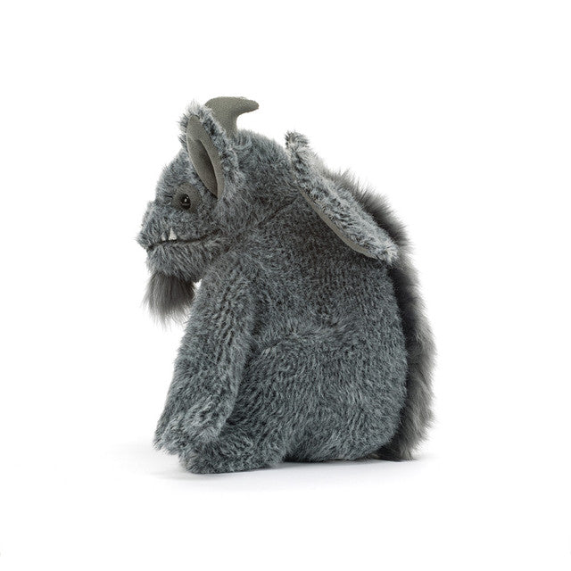 JellyCat Growlston Gargoyle plush featuring textured grey fur, soft wings, small horns, chunky paws, pointed ears, and an endearingly grumpy expression.