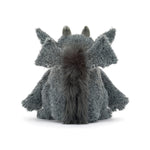 JellyCat Growlston Gargoyle plush featuring textured grey fur, soft wings, small horns, chunky paws, pointed ears, and an endearingly grumpy expression.