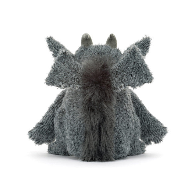 JellyCat Growlston Gargoyle plush featuring textured grey fur, soft wings, small horns, chunky paws, pointed ears, and an endearingly grumpy expression.