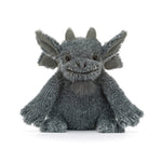 JellyCat Growlston Gargoyle plush featuring textured grey fur, soft wings, small horns, chunky paws, pointed ears, and an endearingly grumpy expression.