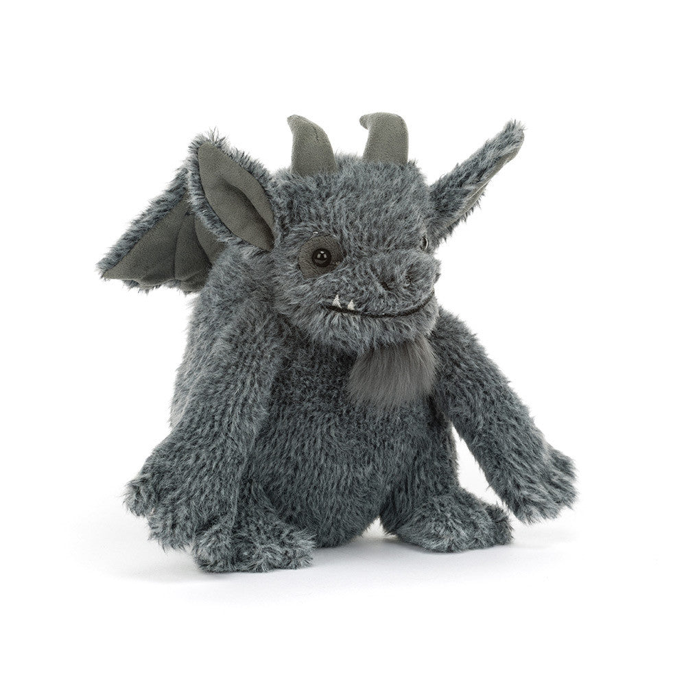 JellyCat Growlston Gargoyle plush featuring textured grey fur, soft wings, small horns, chunky paws, pointed ears, and an endearingly grumpy expression.