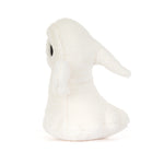 JellyCat Ghost Bob plush featuring soft white fur, a rounded ghost shape, sweet embroidered face, and playful outstretched arms for a charming Halloween collectible.