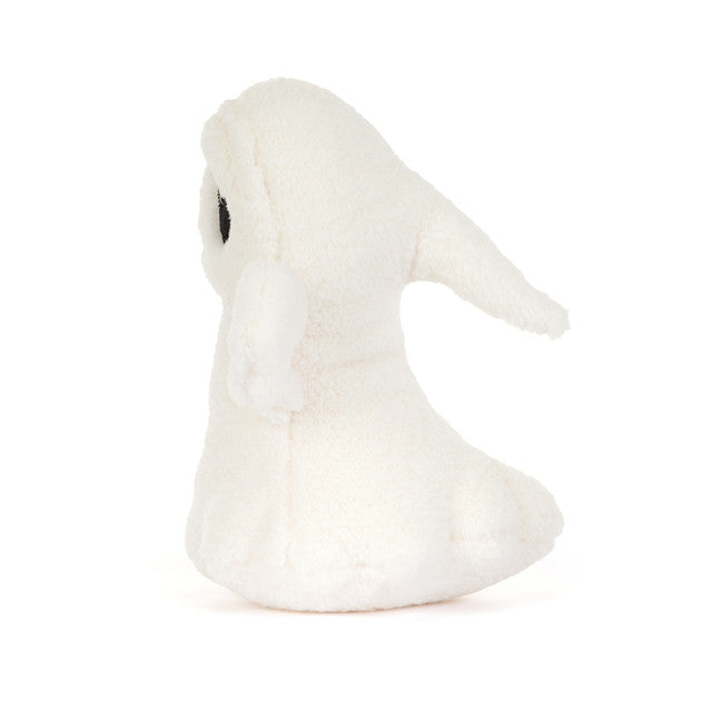 JellyCat Ghost Bob plush featuring soft white fur, a rounded ghost shape, sweet embroidered face, and playful outstretched arms for a charming Halloween collectible.