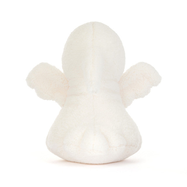 JellyCat Ghost Bob plush featuring soft white fur, a rounded ghost shape, sweet embroidered face, and playful outstretched arms for a charming Halloween collectible.