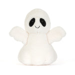 JellyCat Ghost Bob plush featuring soft white fur, a rounded ghost shape, sweet embroidered face, and playful outstretched arms for a charming Halloween collectible.