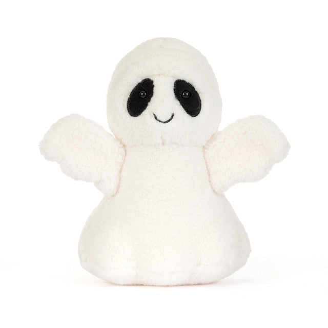 JellyCat Ghost Bob plush featuring soft white fur, a rounded ghost shape, sweet embroidered face, and playful outstretched arms for a charming Halloween collectible.