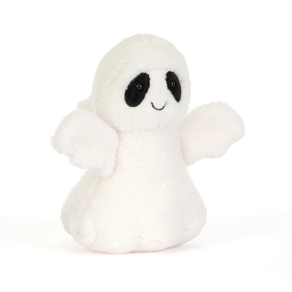 JellyCat Ghost Bob plush featuring soft white fur, a rounded ghost shape, sweet embroidered face, and playful outstretched arms for a charming Halloween collectible.