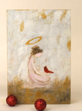 Angel with Cardinal Hand-Painted Box Sign