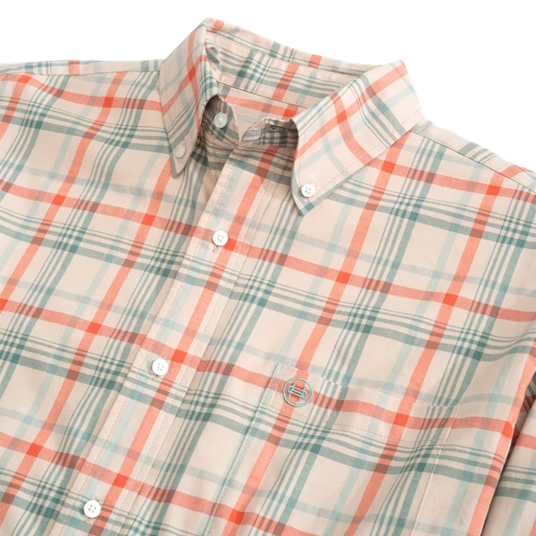 Heybo Outdoors Whitfield Dress Shirt in Moonlight featuring a classic button-down collar, chest pocket, laser-engraved buttons, and comfortable stretch.