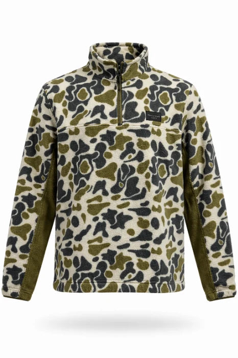 Men's Prairie Oaks Field Fleece 1/4 Zip in Traditions Camo Olive featuring an allover camouflage pattern, quarter-zip front, stand collar, and long sleeves.